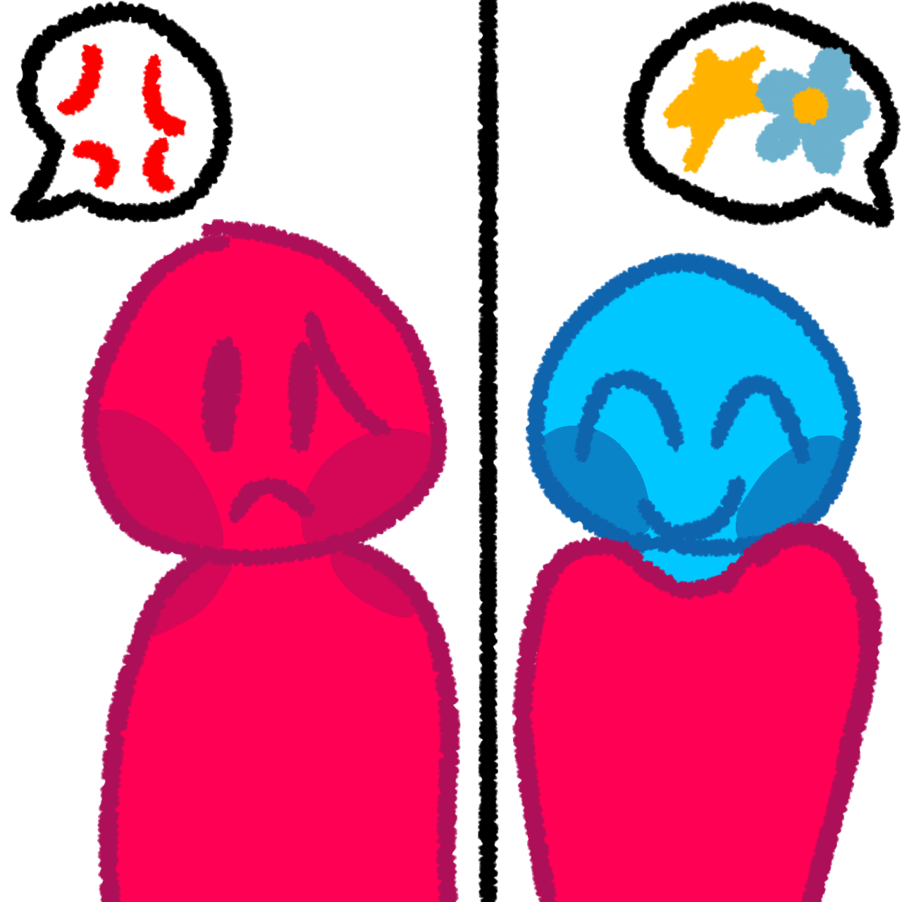 an anxious red person on the left side of a black line and a blue person wearing a red shirt on the right side. Coming out from the left side of the screen is a speech bubble with red lines inside representing insults. Coming out from the right side of the screen is a speech bubble with a gold star and blue flower inside, representing praise and compliments.